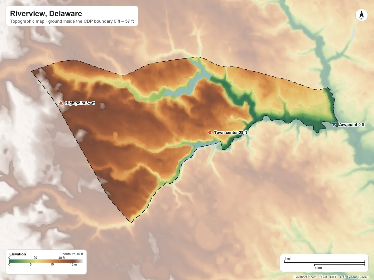 Topographic elevation map of Riverview, Delaware, shaded from 0 ft on the east side to 57 ft on the west side