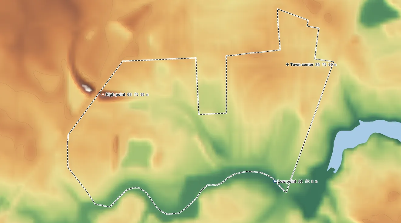 Topographic elevation map of Rodney Village, Delaware, shaded from 11 ft on the south side to 63 ft on the west side