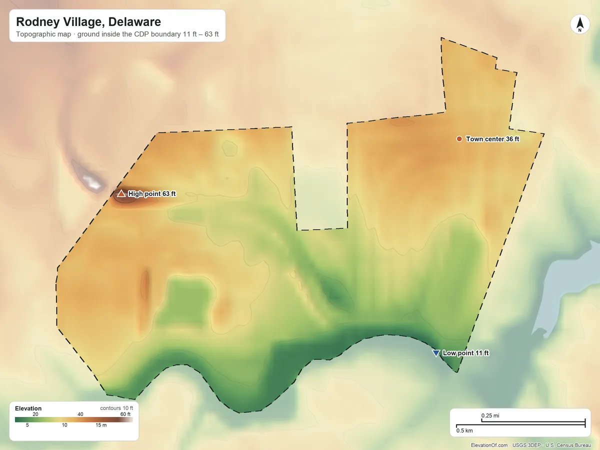 Topographic elevation map of Rodney Village, Delaware, shaded from 11 ft on the south side to 63 ft on the west side