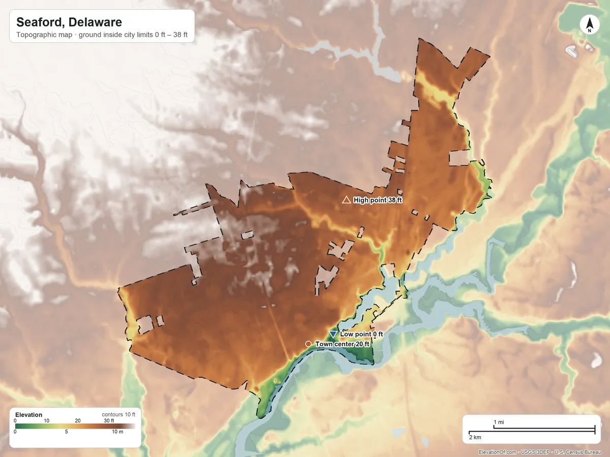 Topographic elevation map of Seaford, Delaware, shaded from 0 ft near the middle to 38 ft on the north side