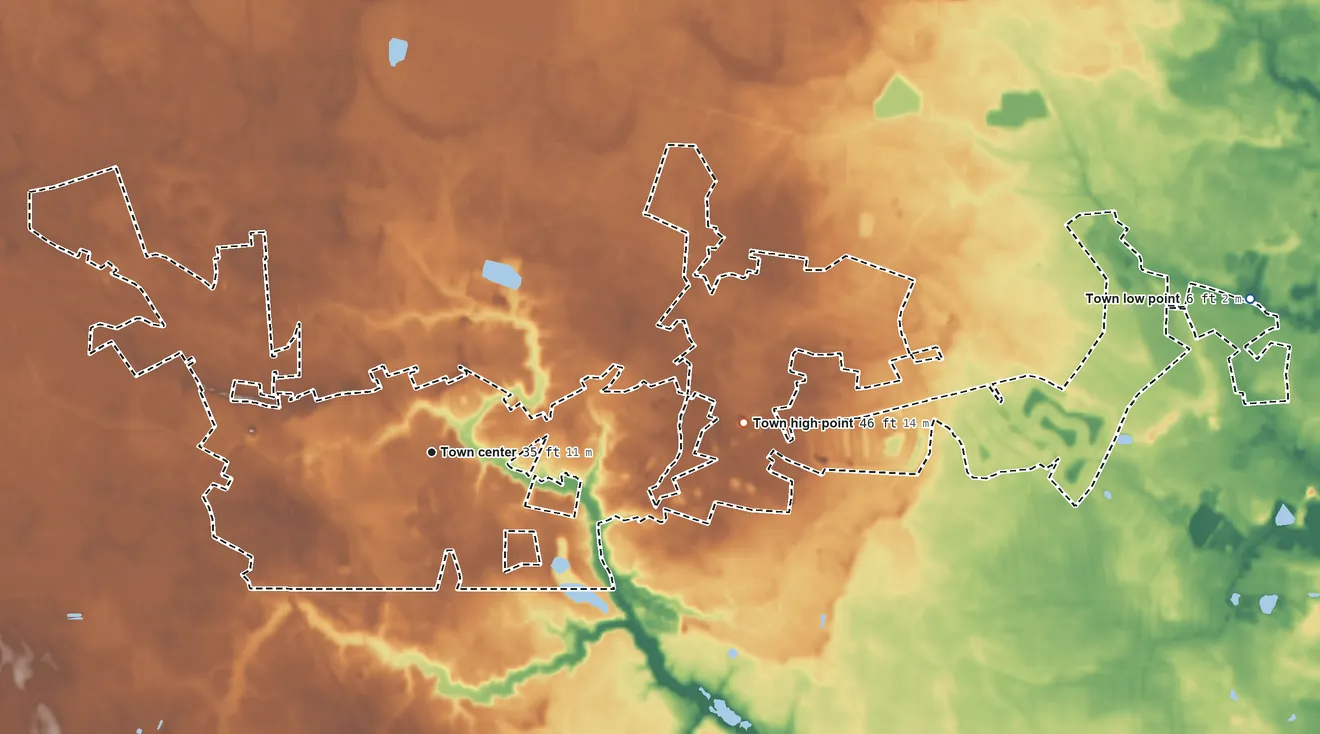 Topographic elevation map of Selbyville, Delaware, shaded from 6 ft on the east side to 46 ft on the east side