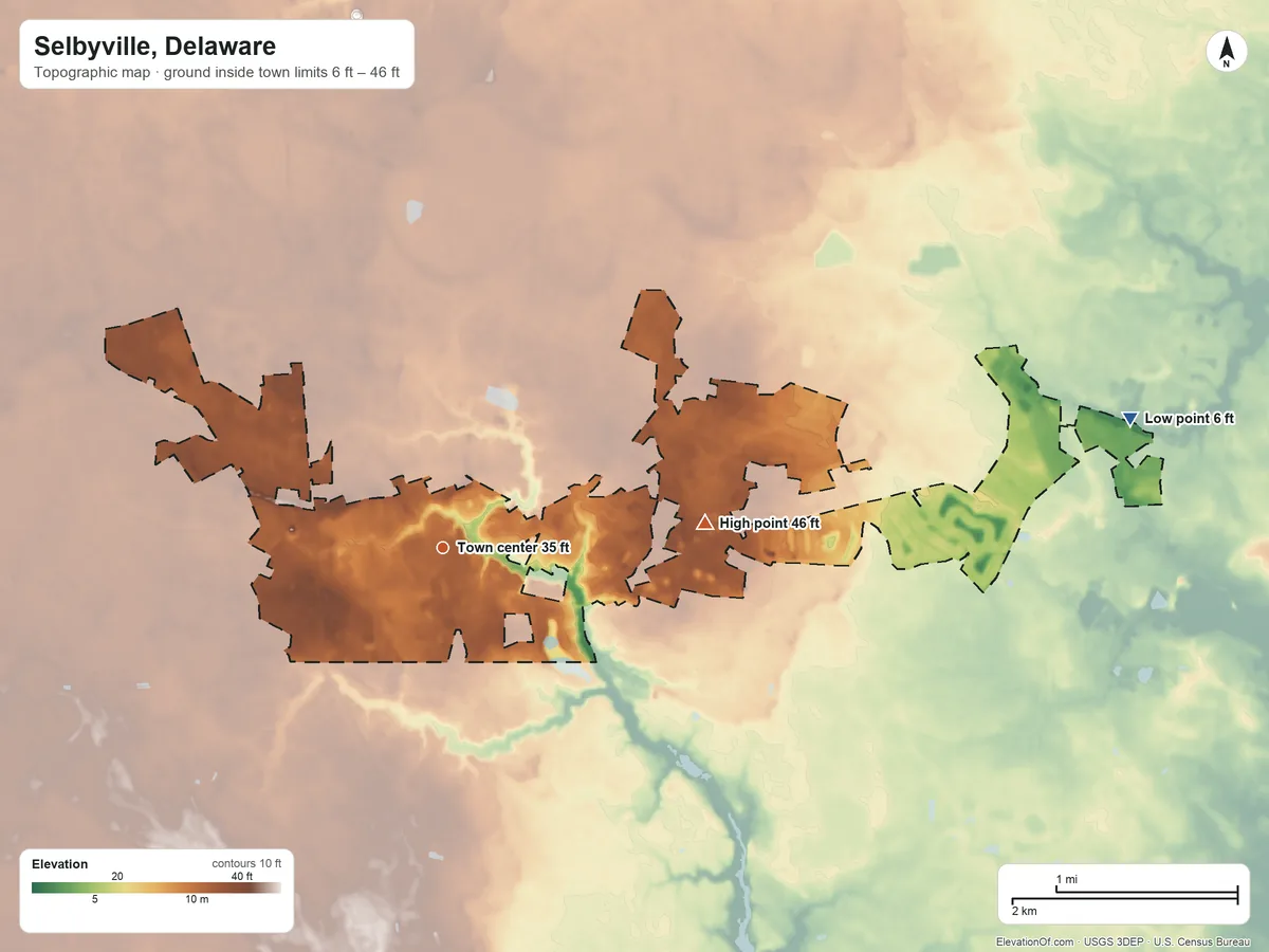 Topographic elevation map of Selbyville, Delaware, shaded from 6 ft on the east side to 46 ft on the east side