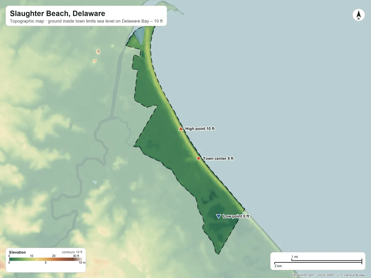 Topographic elevation map of Slaughter Beach, Delaware, shaded from sea level level on Delaware Bay to 10 ft on the northwest side