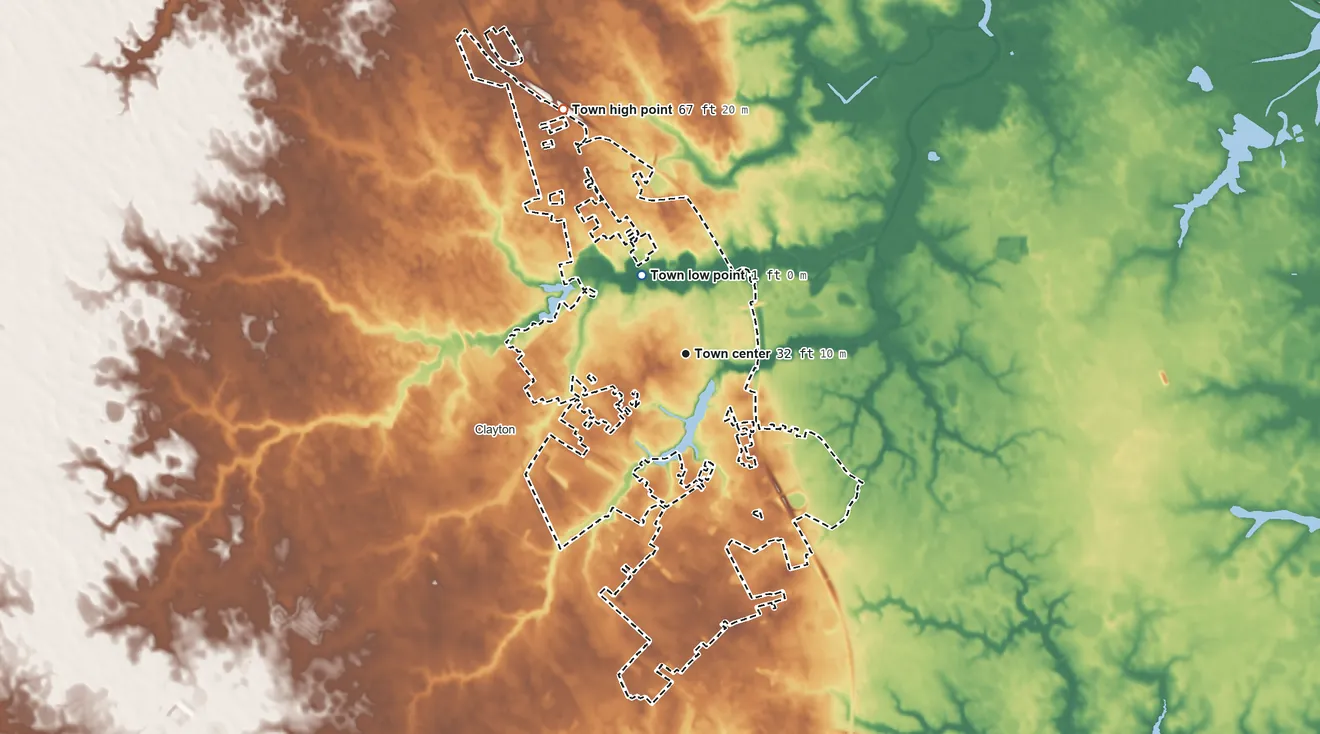 Topographic elevation map of Smyrna, Delaware, shaded from 1 ft on the northwest side to 67 ft on the northwest side