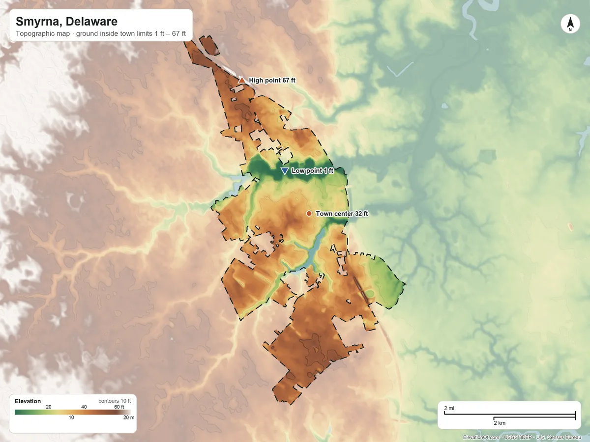 Topographic elevation map of Smyrna, Delaware, shaded from 1 ft on the northwest side to 67 ft on the northwest side