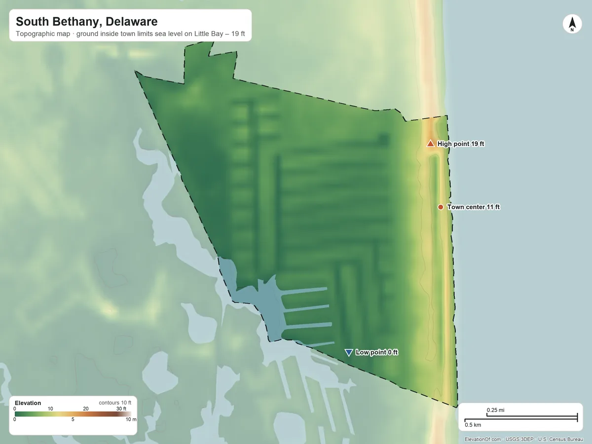Topographic elevation map of South Bethany, Delaware, shaded from sea level level on Little Bay to 19 ft on the north side