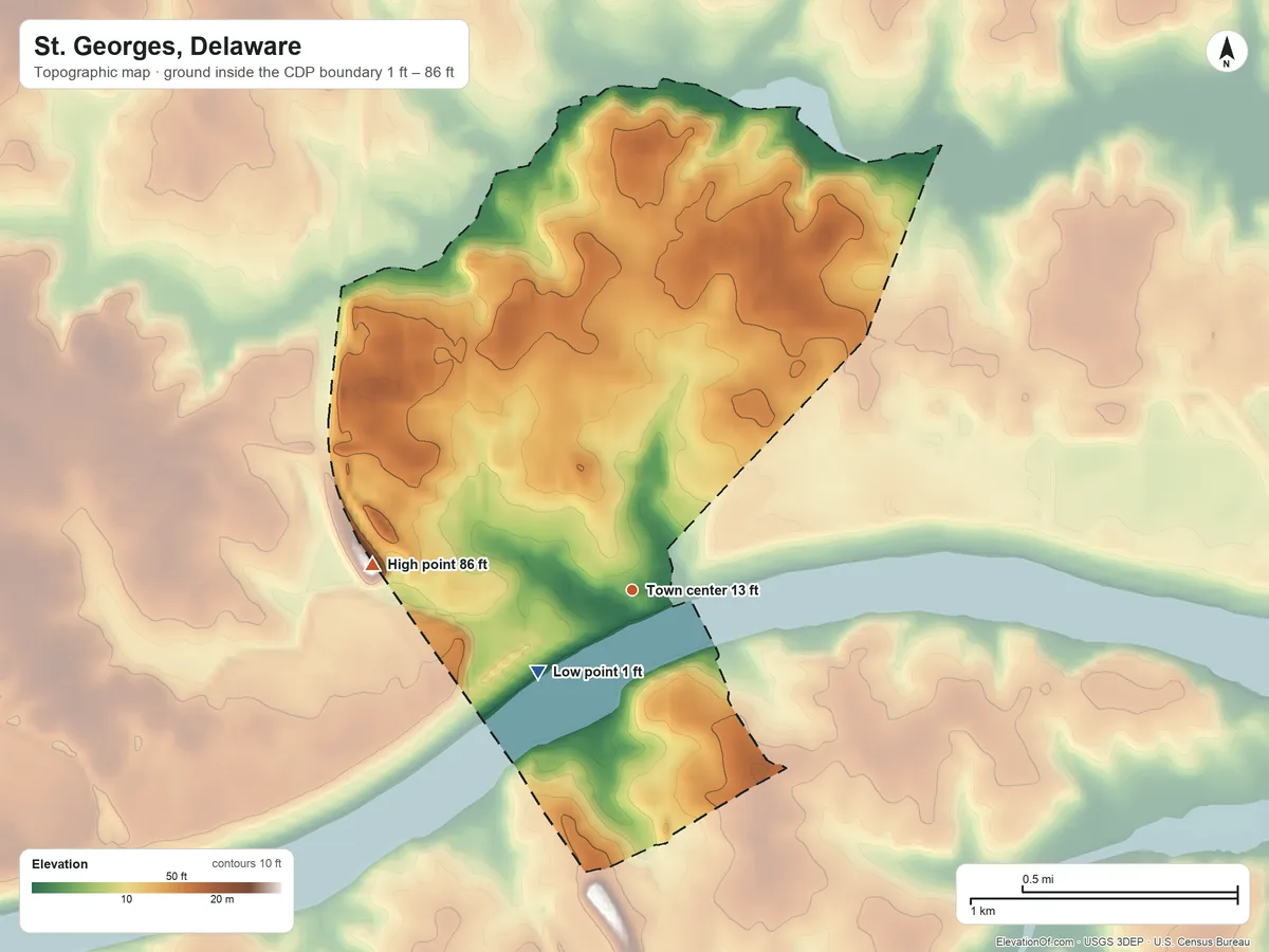Topographic elevation map of St. Georges, Delaware, shaded from 1 ft on the southwest side to 86 ft on the west side