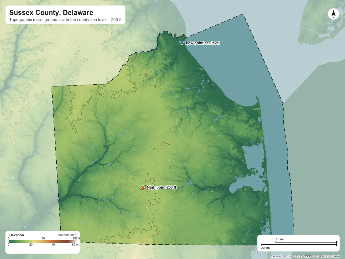 Topographic elevation map of Sussex County, Delaware, shaded from sea level on Delaware Bay to 200 ft on the southwest side