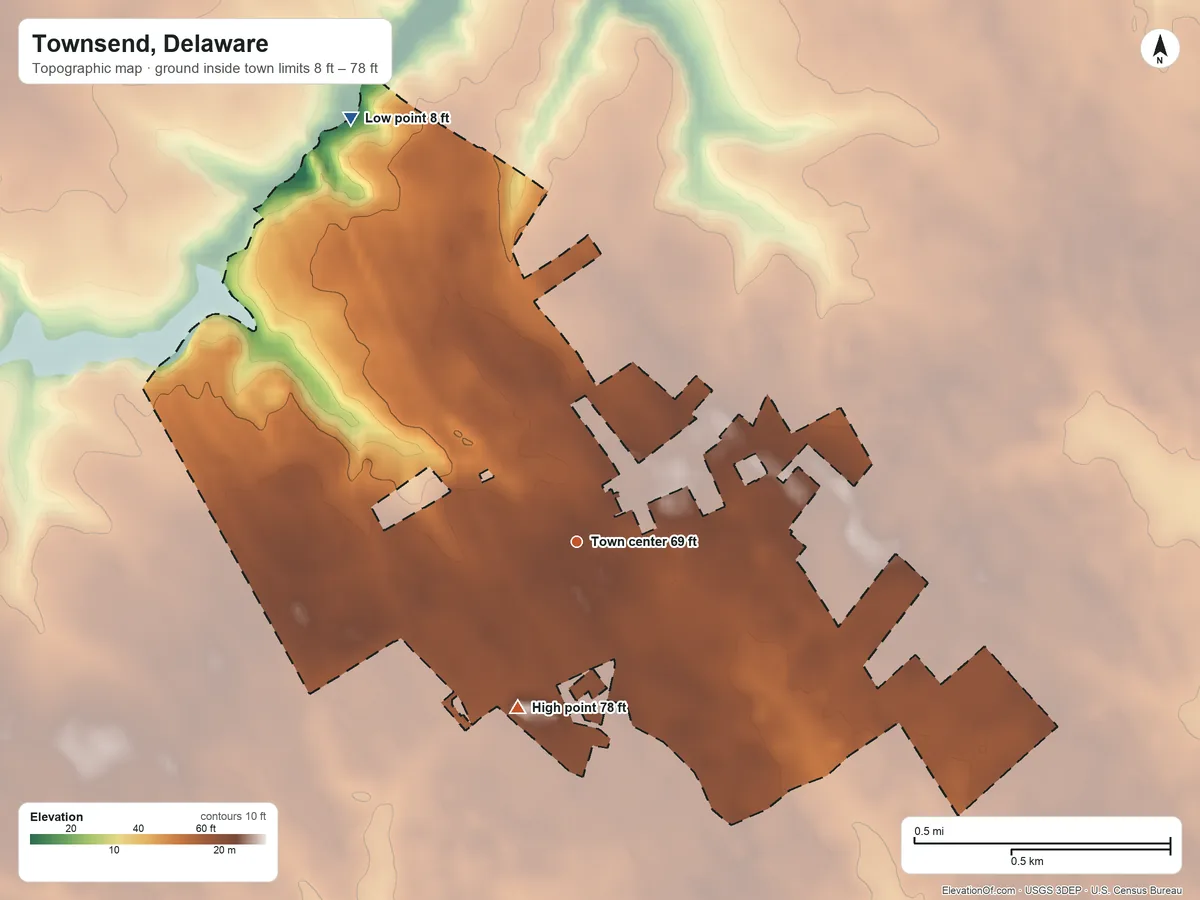 Topographic elevation map of Townsend, Delaware, shaded from 8 ft on the northwest side to 78 ft on the south side