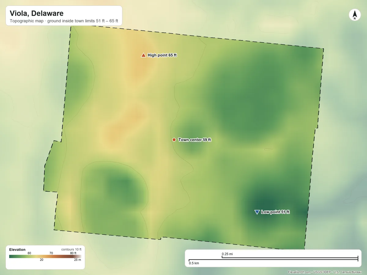 Topographic elevation map of Viola, Delaware, shaded from 51 ft on the southeast side to 65 ft on the north side