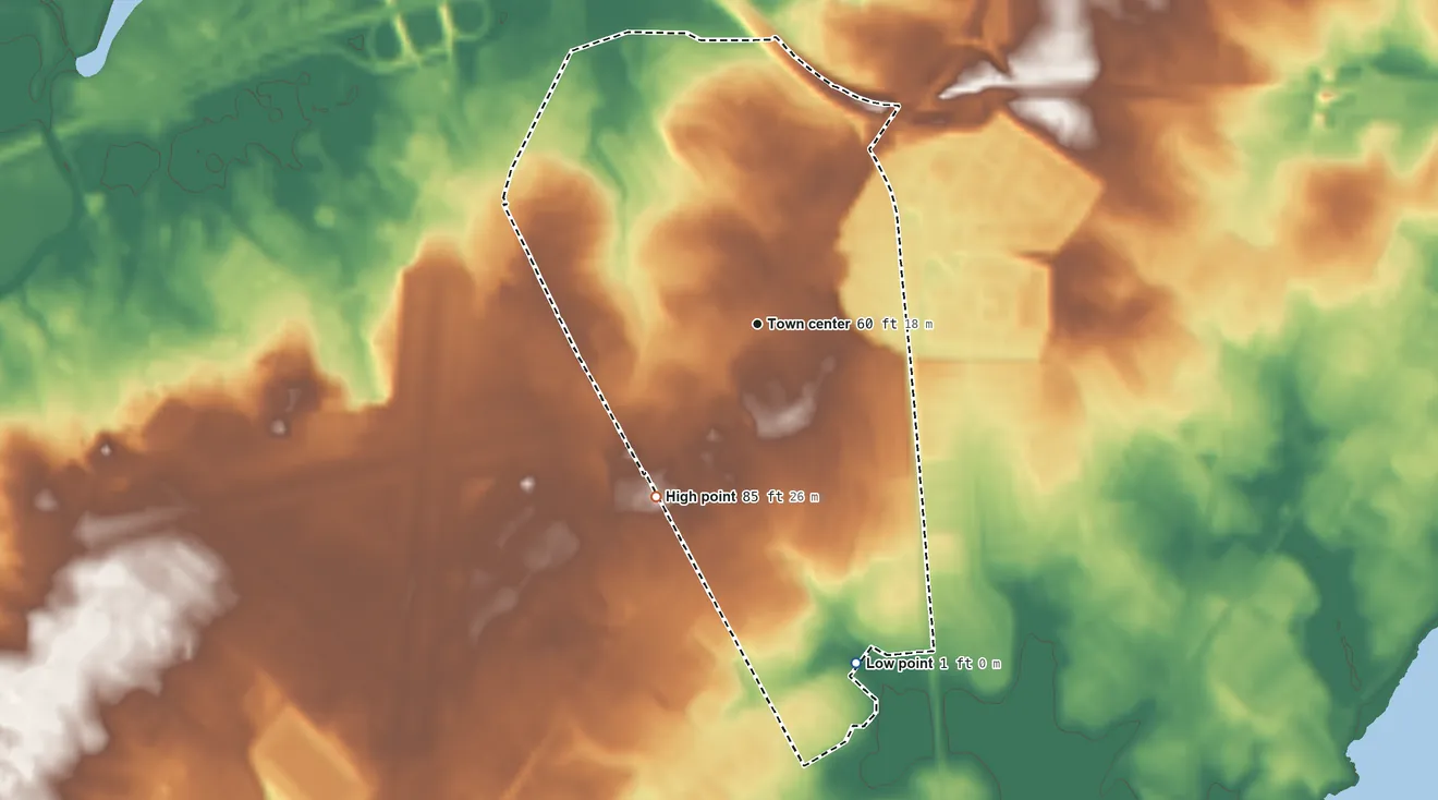 Topographic elevation map of Wilmington Manor, Delaware, shaded from 1 ft on the south side to 85 ft on the southwest side
