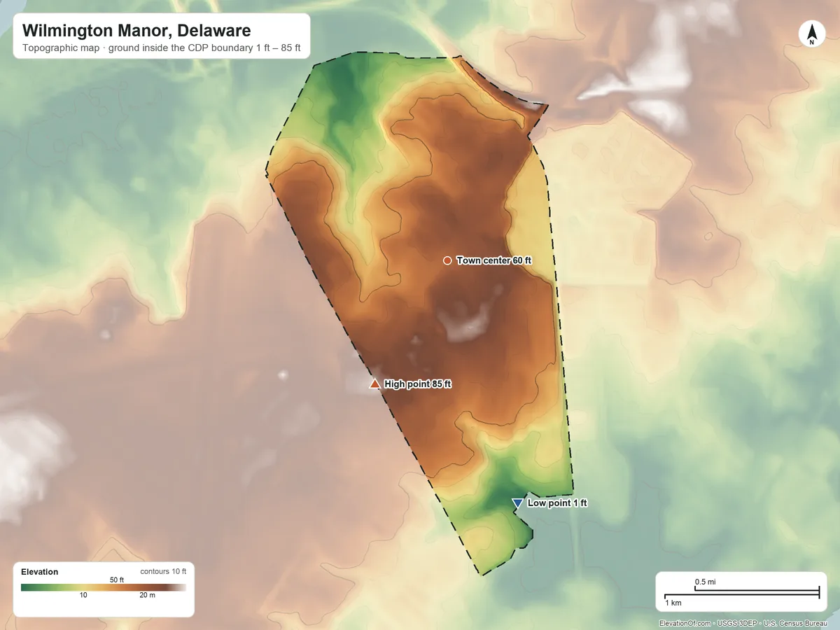 Topographic elevation map of Wilmington Manor, Delaware, shaded from 1 ft on the south side to 85 ft on the southwest side