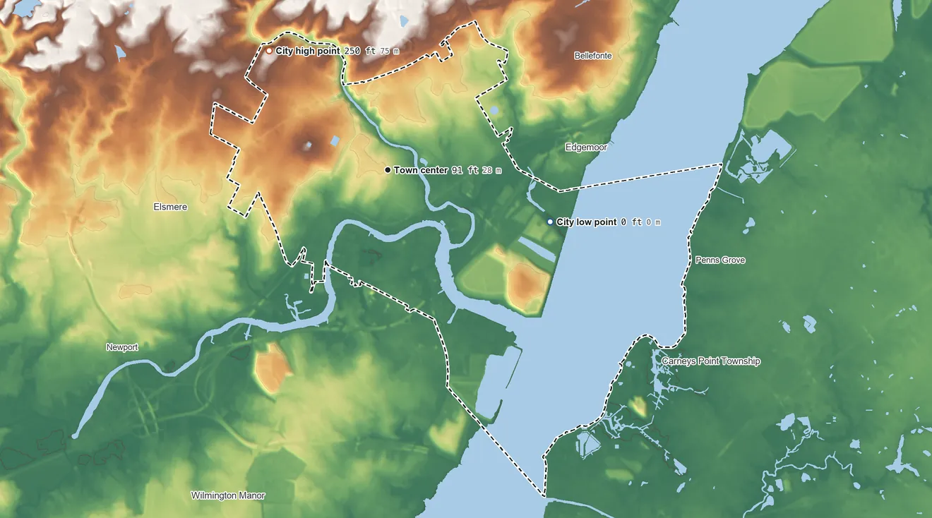 Topographic elevation map of Wilmington, Delaware, shaded from 0 ft on the east side to 250 ft on the northwest side