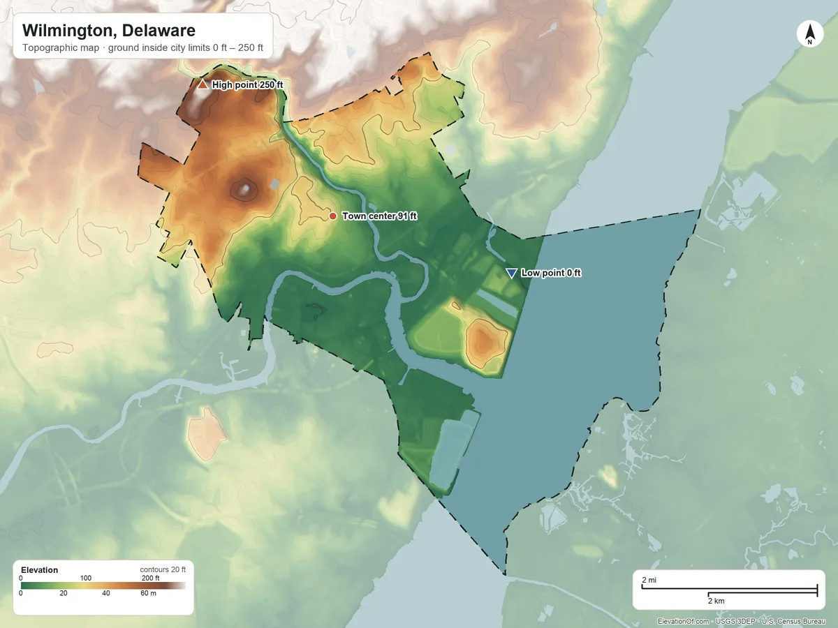 Topographic elevation map of Wilmington, Delaware, shaded from 0 ft on the east side to 250 ft on the northwest side