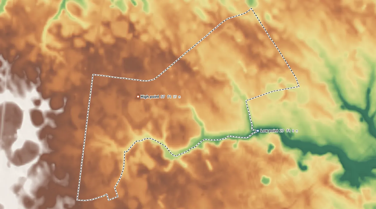 Topographic elevation map of Woodside East, Delaware, shaded from 27 ft on the east side to 57 ft on the northwest side