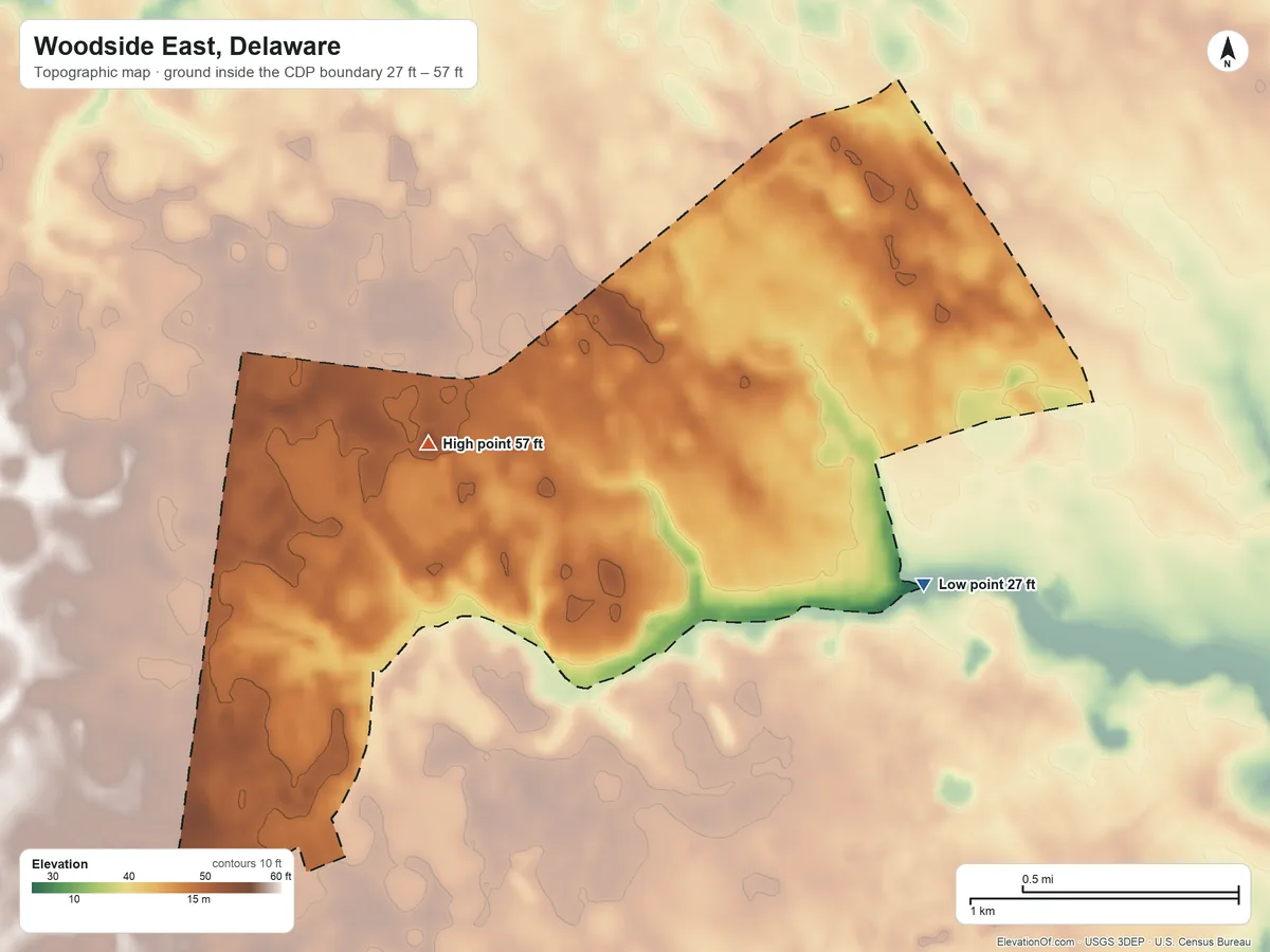 Topographic elevation map of Woodside East, Delaware, shaded from 27 ft on the east side to 57 ft on the northwest side