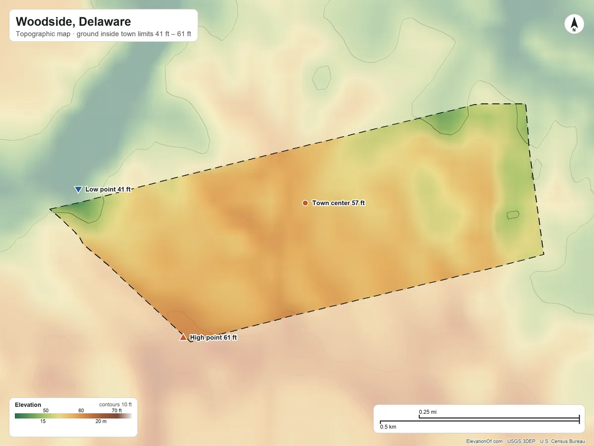 Topographic elevation map of Woodside, Delaware, shaded from 41 ft on the west side to 61 ft on the southwest side
