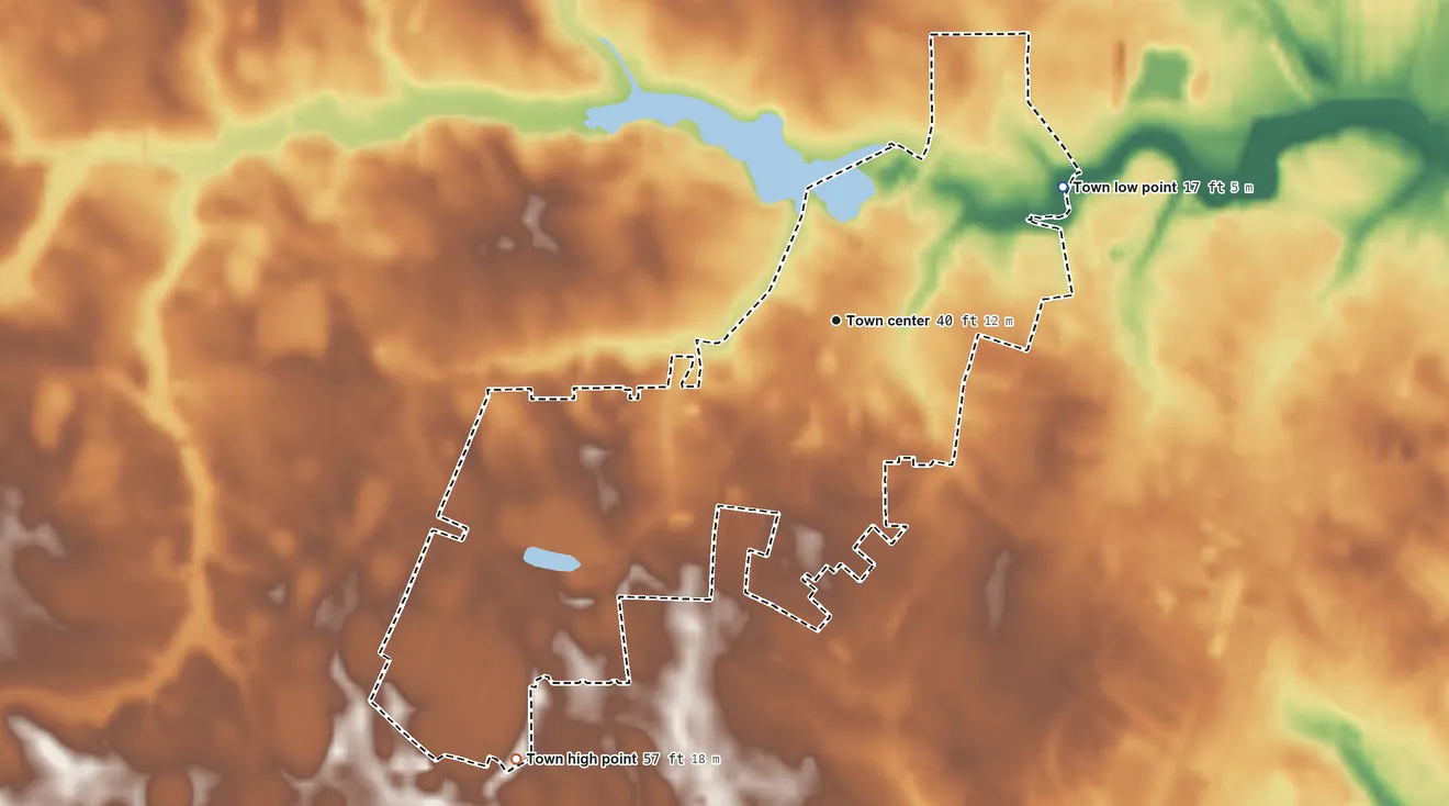 Topographic elevation map of Wyoming, Delaware, shaded from 17 ft on the northeast side to 57 ft on the southwest side