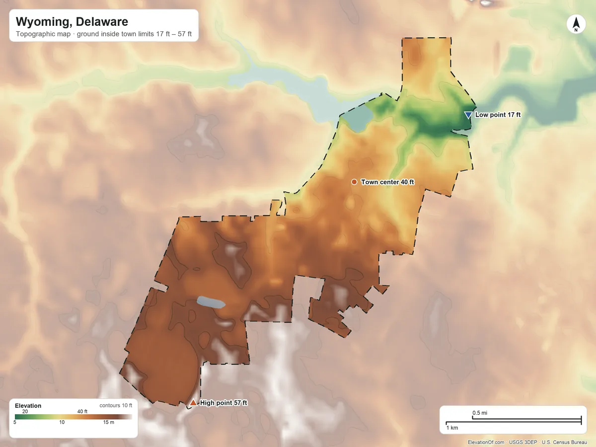Topographic elevation map of Wyoming, Delaware, shaded from 17 ft on the northeast side to 57 ft on the southwest side