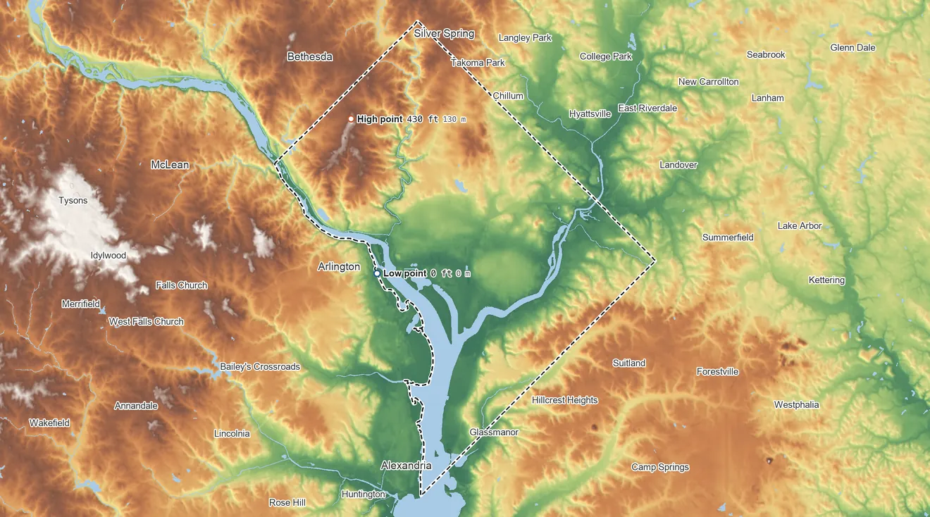 Topographic elevation map of District of Columbia, shaded from 0 ft on the west side to 430 ft on Point Reno