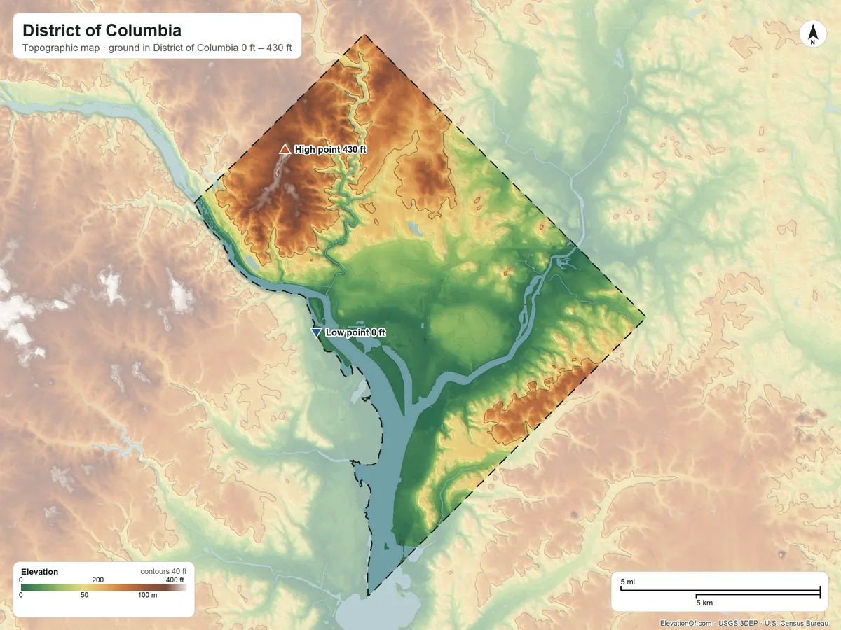 Topographic elevation map of District of Columbia, shaded from 0 ft on the west side to 430 ft on Point Reno