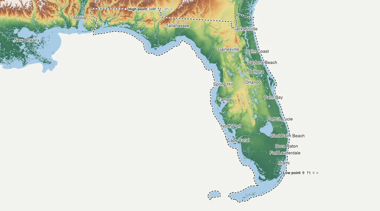 Topographic elevation map of Florida, shaded from sea level on Biscayne Bay to 340 ft on Britton Hill
