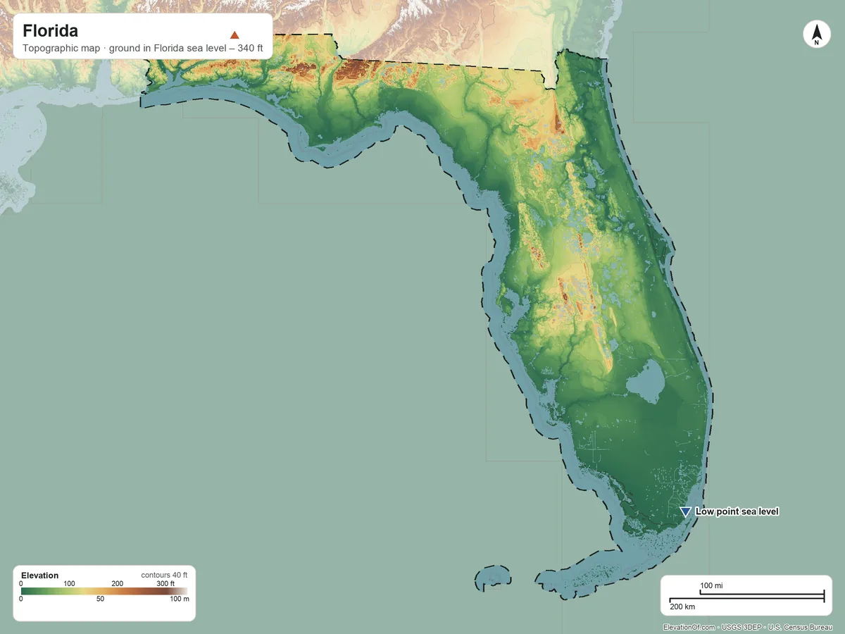 Topographic elevation map of Florida, shaded from sea level on Biscayne Bay to 340 ft on Britton Hill