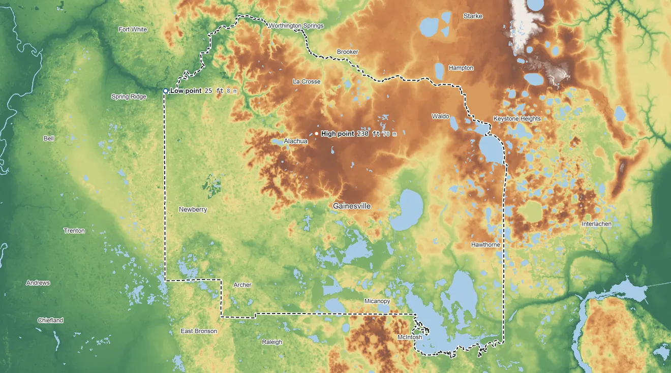 Topographic elevation map of Alachua County, Florida, shaded from 25 ft on the northwest side to 230 ft on the north side