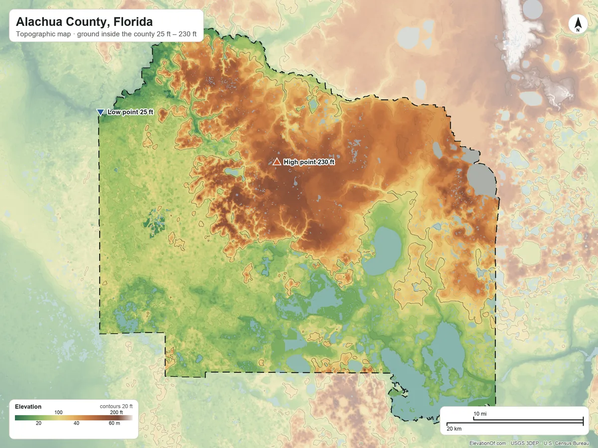 Topographic elevation map of Alachua County, Florida, shaded from 25 ft on the northwest side to 230 ft on the north side