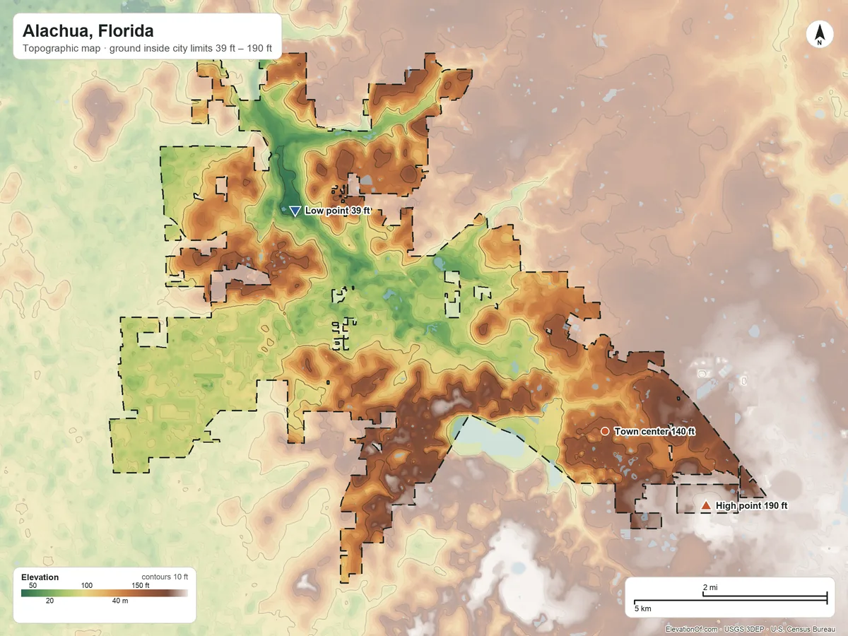 Topographic elevation map of Alachua, Florida, shaded from 39 ft on the northwest side to 190 ft on the southeast side