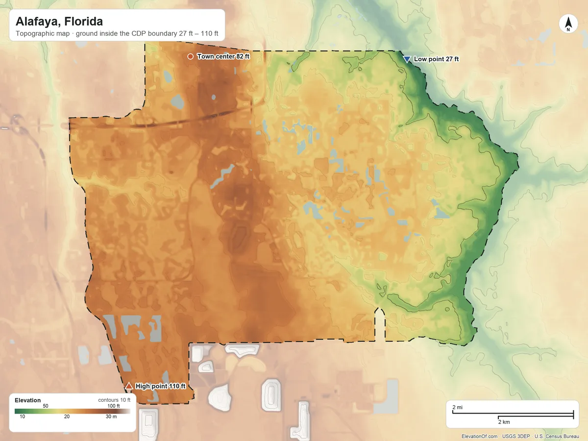 Topographic elevation map of Alafaya, Florida, shaded from 27 ft on the east side to 110 ft on the south side