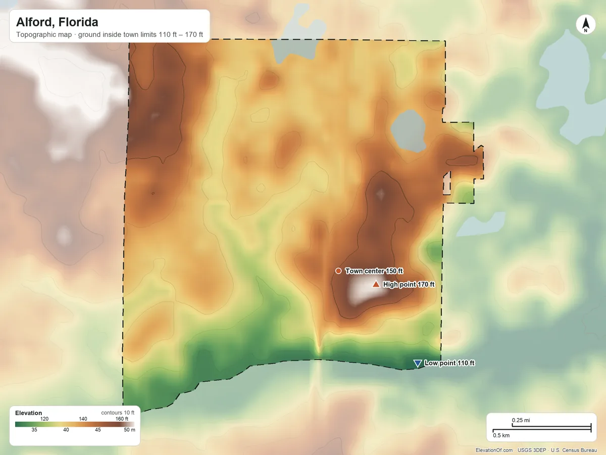 Topographic elevation map of Alford, Florida, shaded from 110 ft on the southeast side to 170 ft near the middle