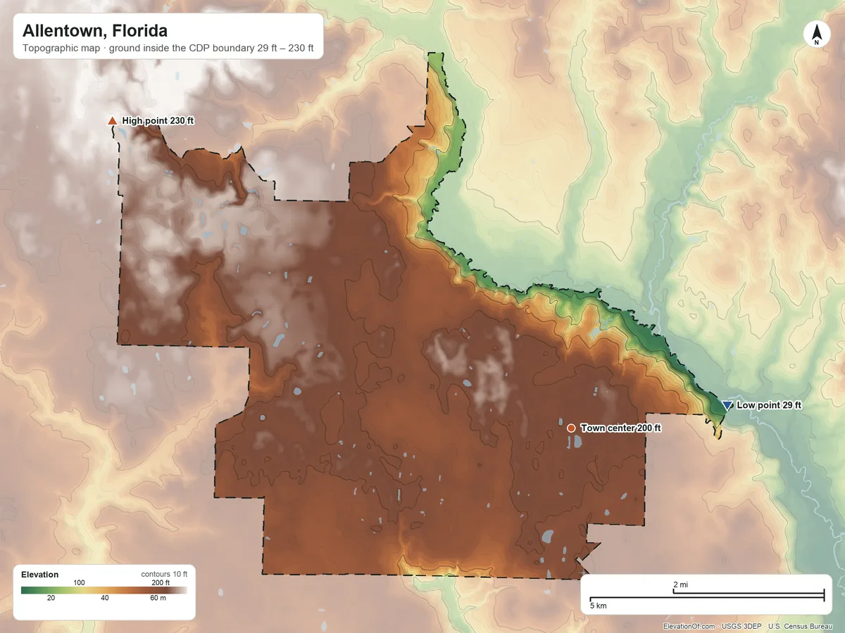 Topographic elevation map of Allentown, Florida, shaded from 29 ft on the east side to 230 ft on the northwest side