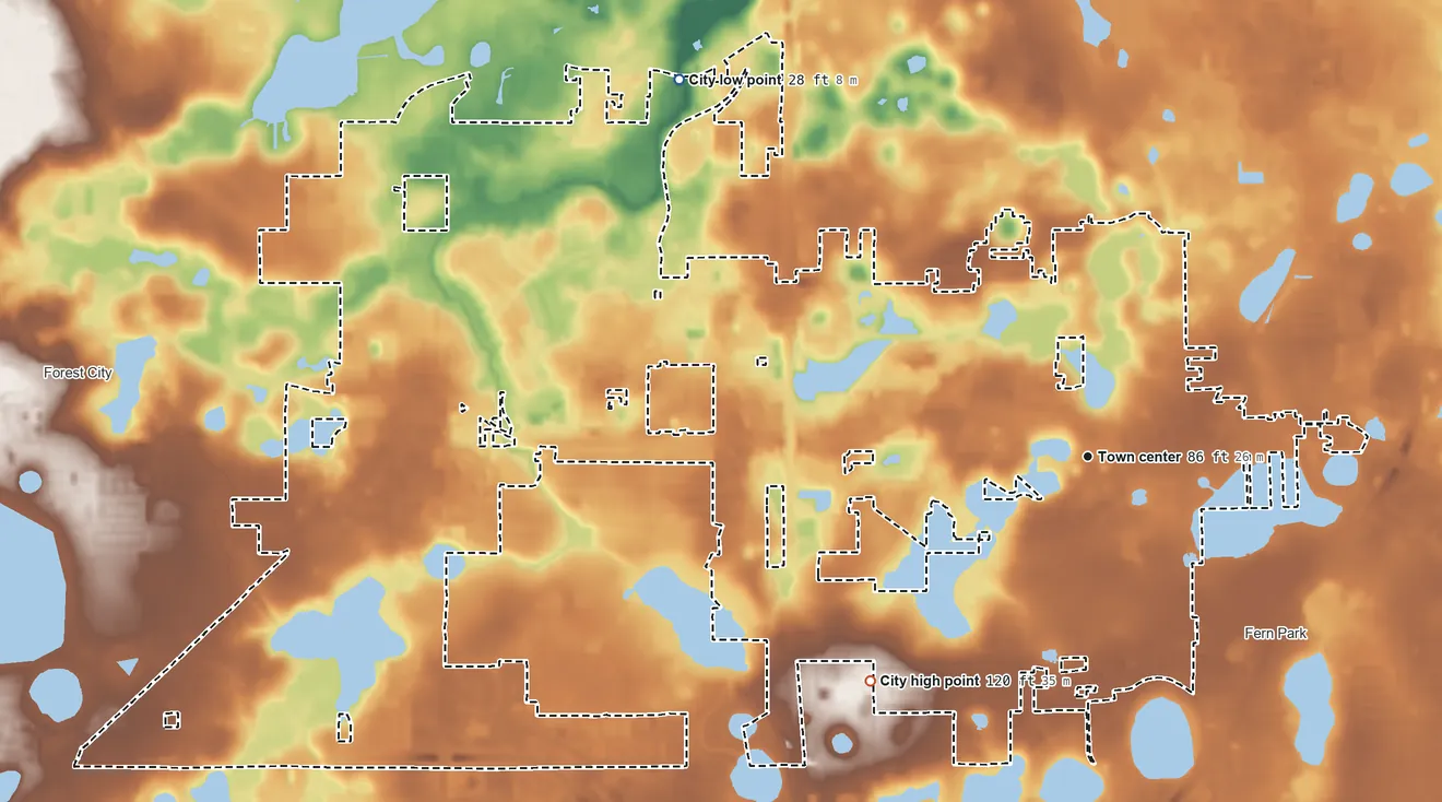 Topographic elevation map of Altamonte Springs, Florida, shaded from 28 ft on the northwest side to 120 ft on the southwest side