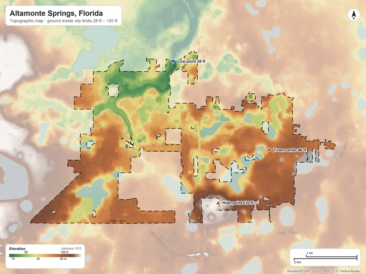 Topographic elevation map of Altamonte Springs, Florida, shaded from 28 ft on the northwest side to 120 ft on the southwest side