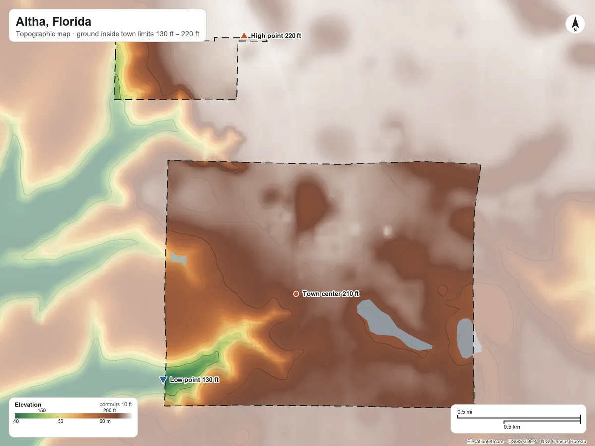 Topographic elevation map of Altha, Florida, shaded from 130 ft on the southwest side to 220 ft on the north side