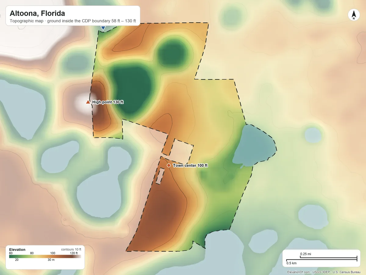 Topographic elevation map of Altoona, Florida, shaded from 58 ft on the northwest side to 130 ft on the northwest side