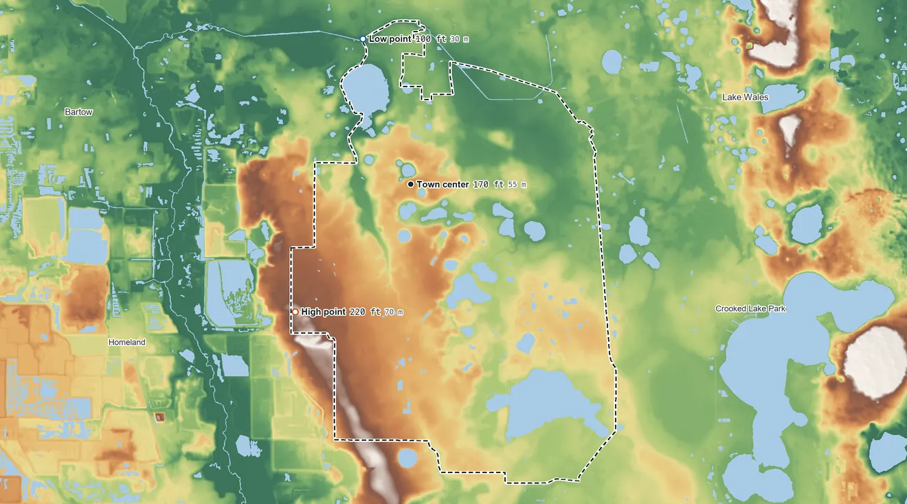 Topographic elevation map of Alturas, Florida, shaded from 100 ft on the north side to 220 ft on the southwest side