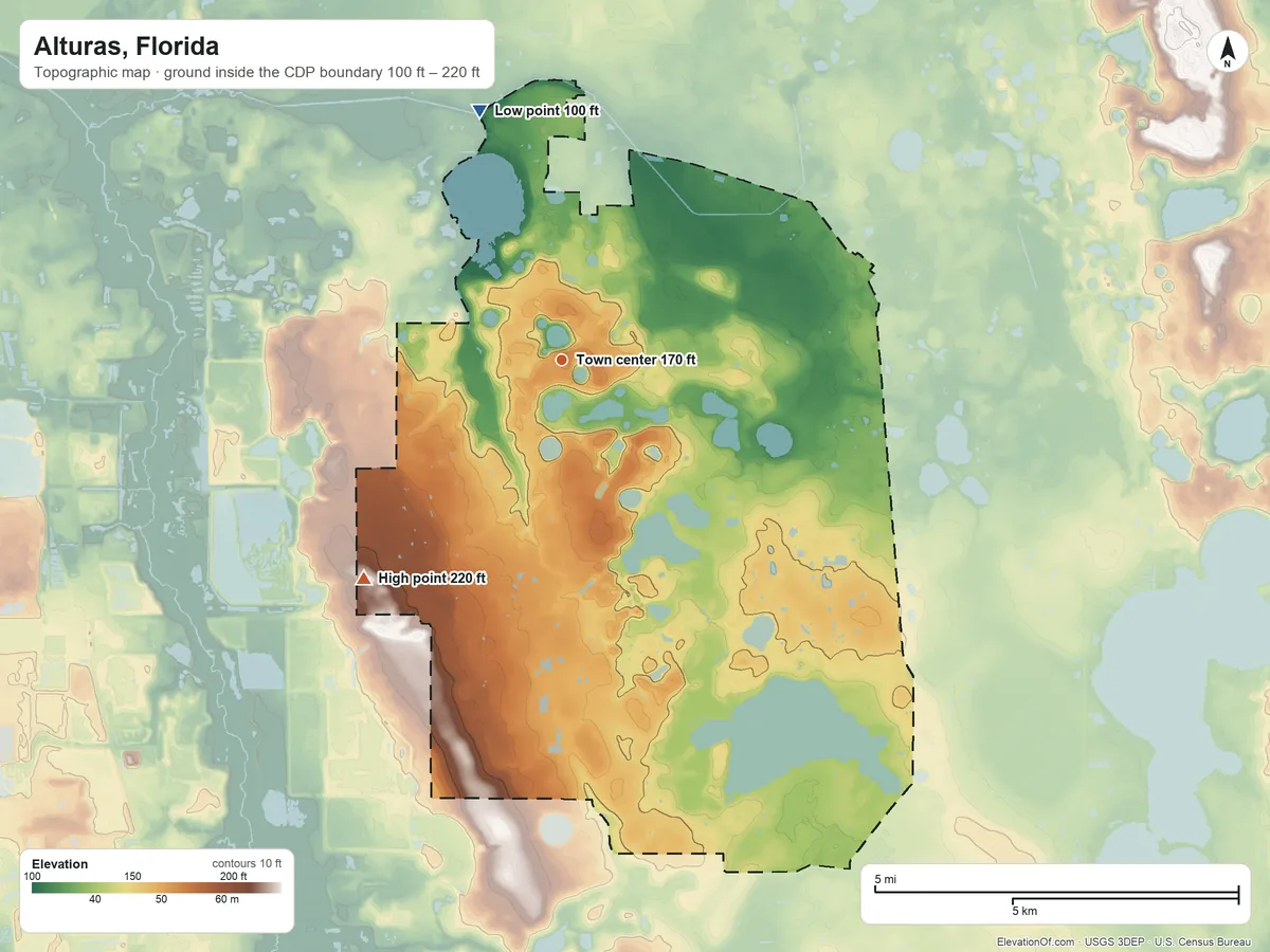 Topographic elevation map of Alturas, Florida, shaded from 100 ft on the north side to 220 ft on the southwest side