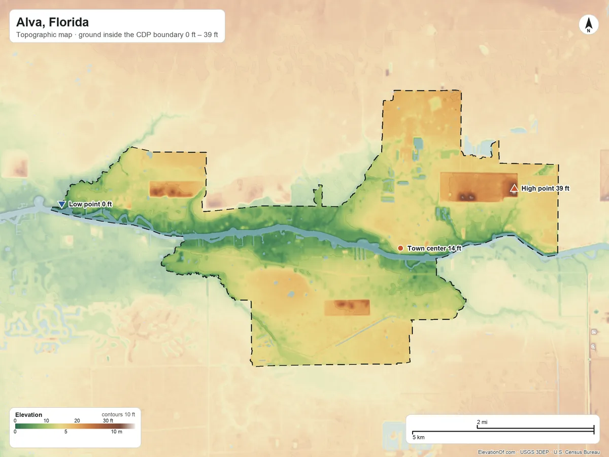 Topographic elevation map of Alva, Florida, shaded from 0 ft on the west side to 39 ft on the northeast side