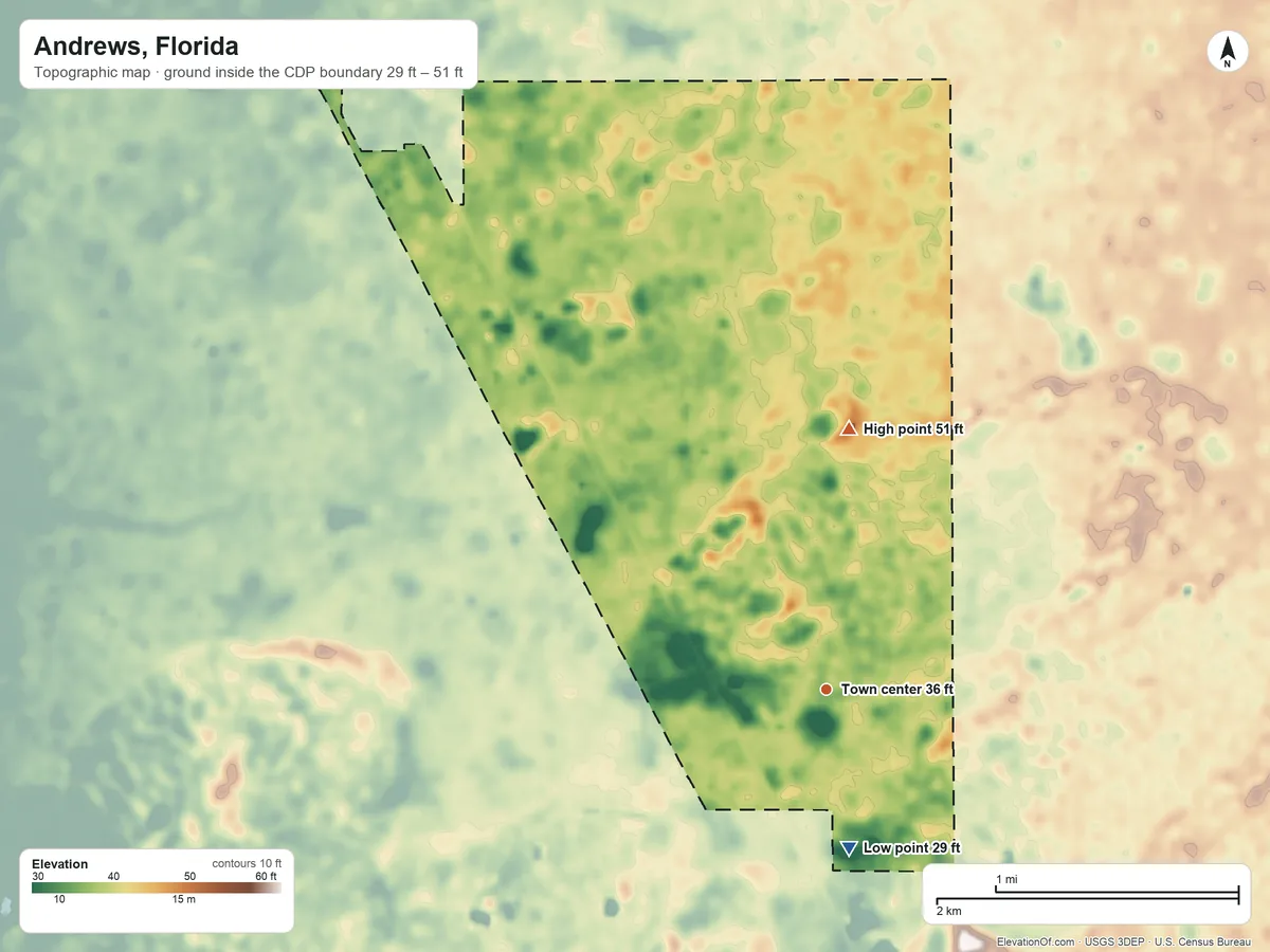 Topographic elevation map of Andrews, Florida, shaded from 29 ft on the south side to 51 ft on the north side