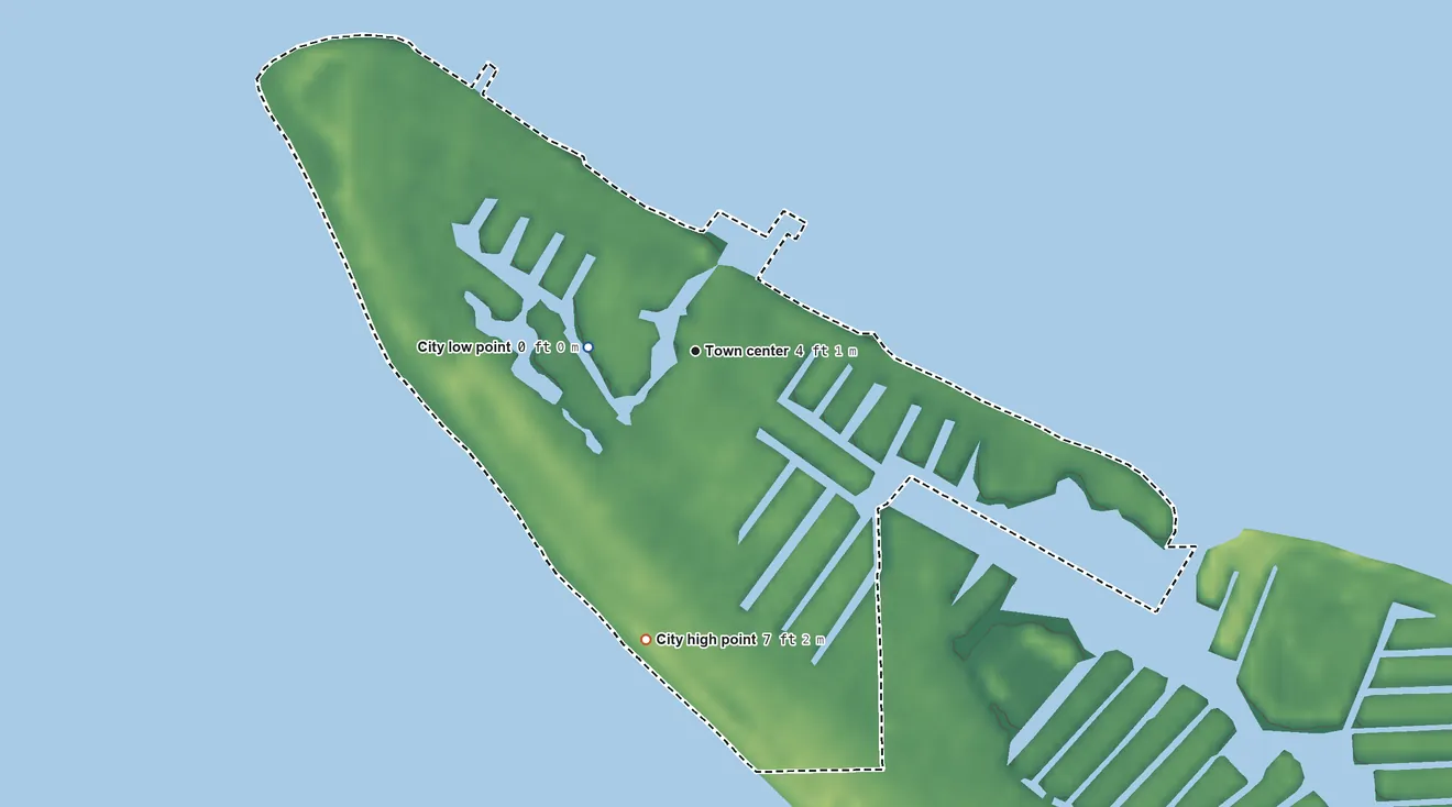 Topographic elevation map of Anna Maria, Florida, shaded from sea level level on the Gulf of America to 7 ft on the south side