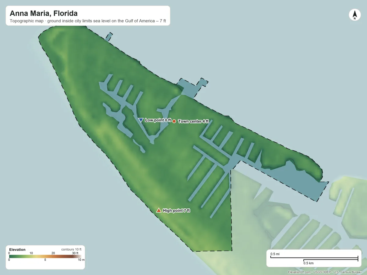 Topographic elevation map of Anna Maria, Florida, shaded from sea level level on the Gulf of America to 7 ft on the south side