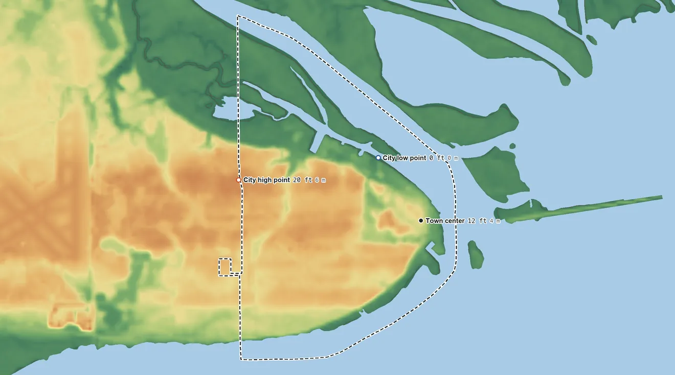 Topographic elevation map of Apalachicola, Florida, shaded from sea level level on East Bay to 20 ft on the west side