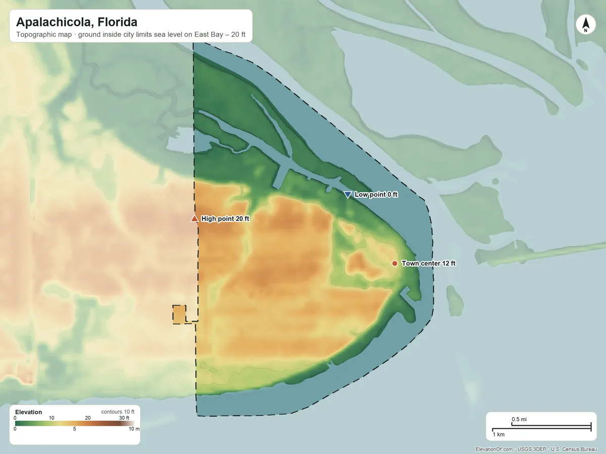 Topographic elevation map of Apalachicola, Florida, shaded from sea level level on East Bay to 20 ft on the west side