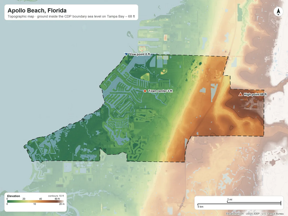 Topographic elevation map of Apollo Beach, Florida, shaded from sea level level on Tampa Bay to 68 ft on the east side