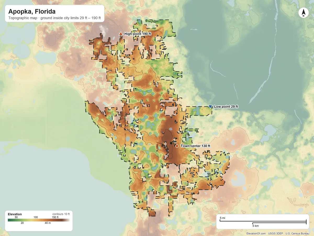 Topographic elevation map of Apopka, Florida, shaded from 29 ft on the northeast side to 190 ft on the northwest side