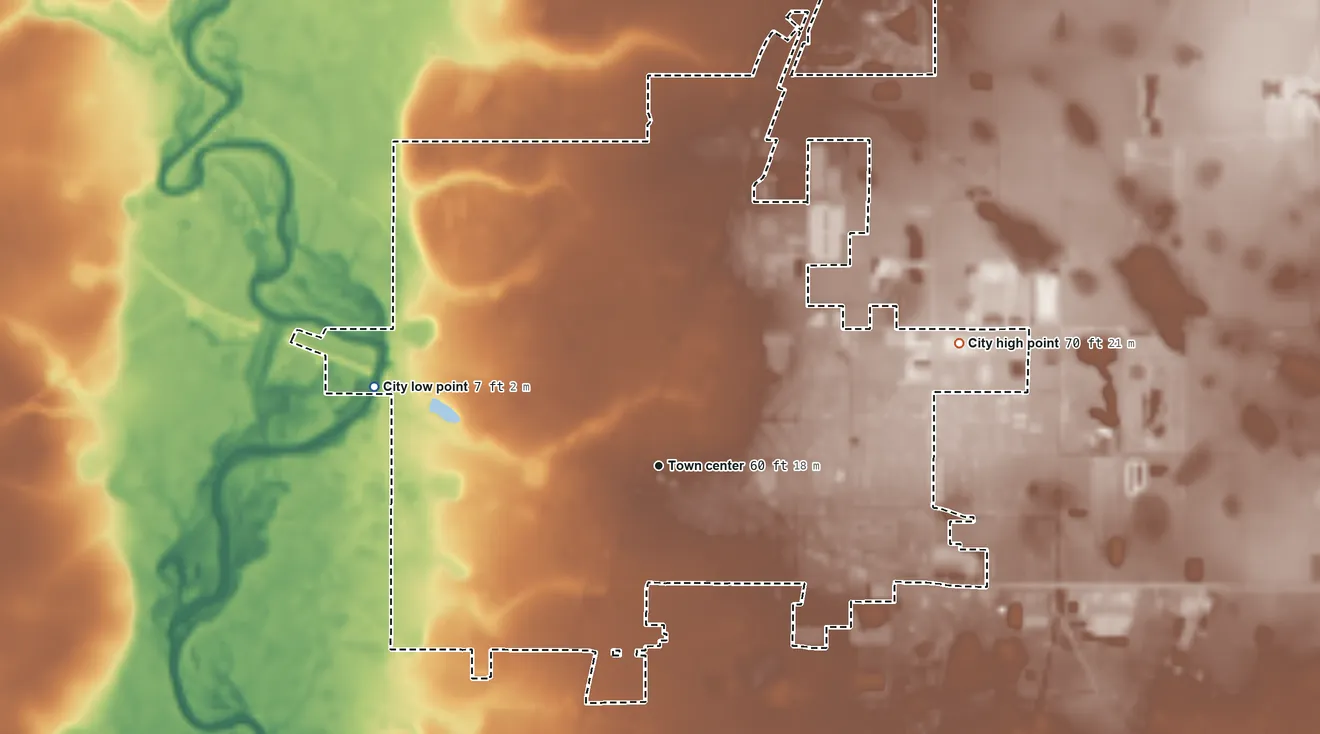 Topographic elevation map of Arcadia, Florida, shaded from 7 ft on the west side to 70 ft on the east side