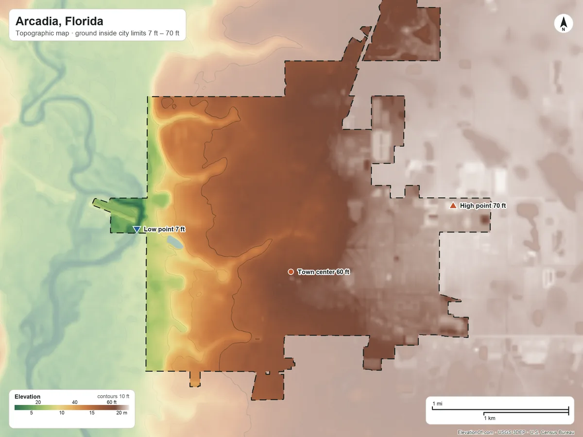 Topographic elevation map of Arcadia, Florida, shaded from 7 ft on the west side to 70 ft on the east side