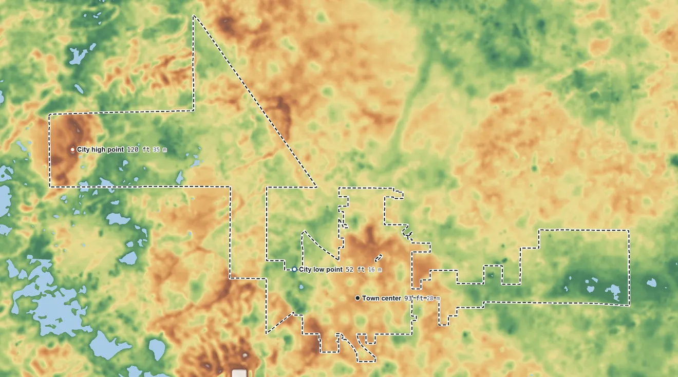 Topographic elevation map of Archer, Florida, shaded from 52 ft on the northwest side to 120 ft on the northwest side